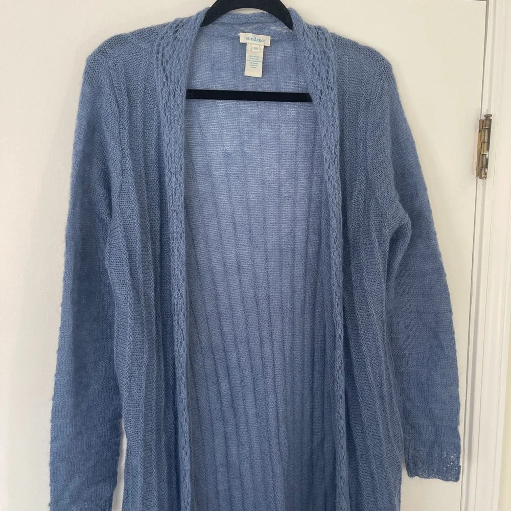 Sundance Blue Kid Mohair Wool Loose Knit Open‎ Duster Cardigan Sweater Size XS